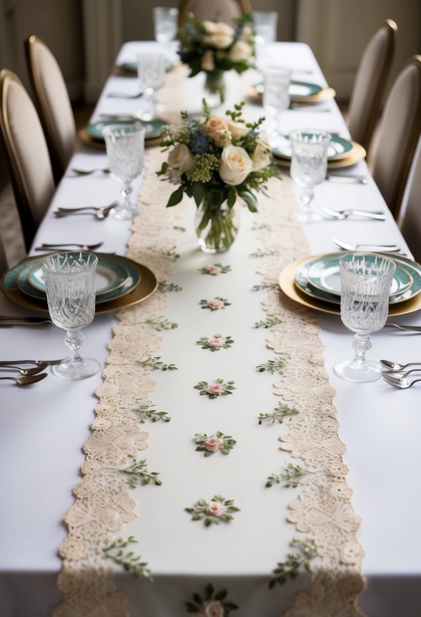 A table runner adorned with delicate lace and floral appliques, draped elegantly over a table set with fine china and crystal glassware