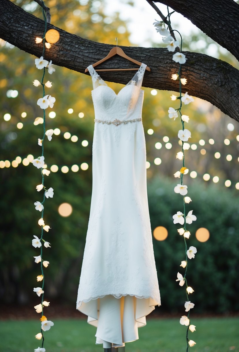 A wedding dress draped over a tree branch, surrounded by flower petals and twinkling lights