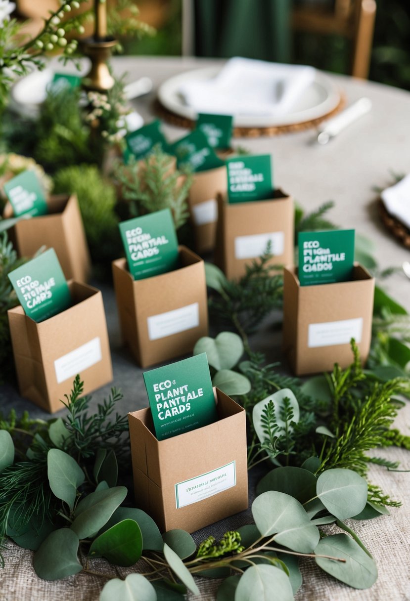 A table adorned with eco-friendly plantable cards in rustic packaging, surrounded by greenery and natural decor