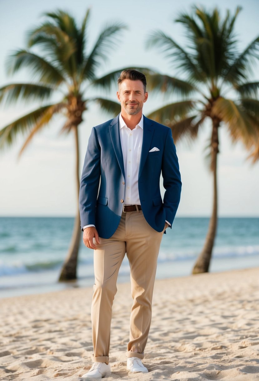 A groom in a casual blazer and chino combination stands on a sandy beach, with a gentle ocean breeze and palm trees in the background