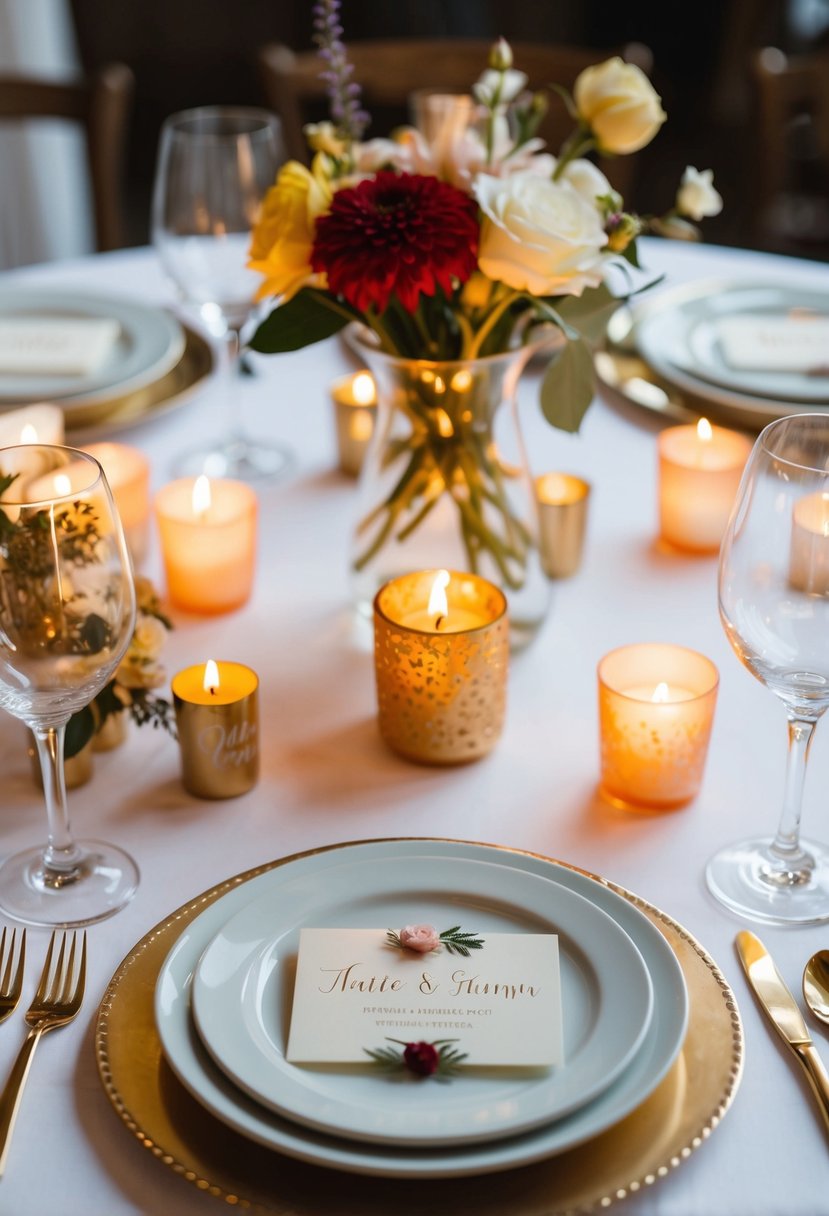 A table set with personalized wedding favors, candles, and flowers