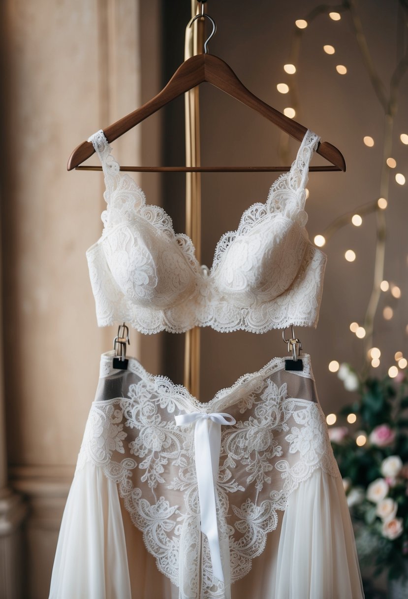 A delicate lace wedding dress being transformed into a sultry lingerie set, with intricate details and romantic touches