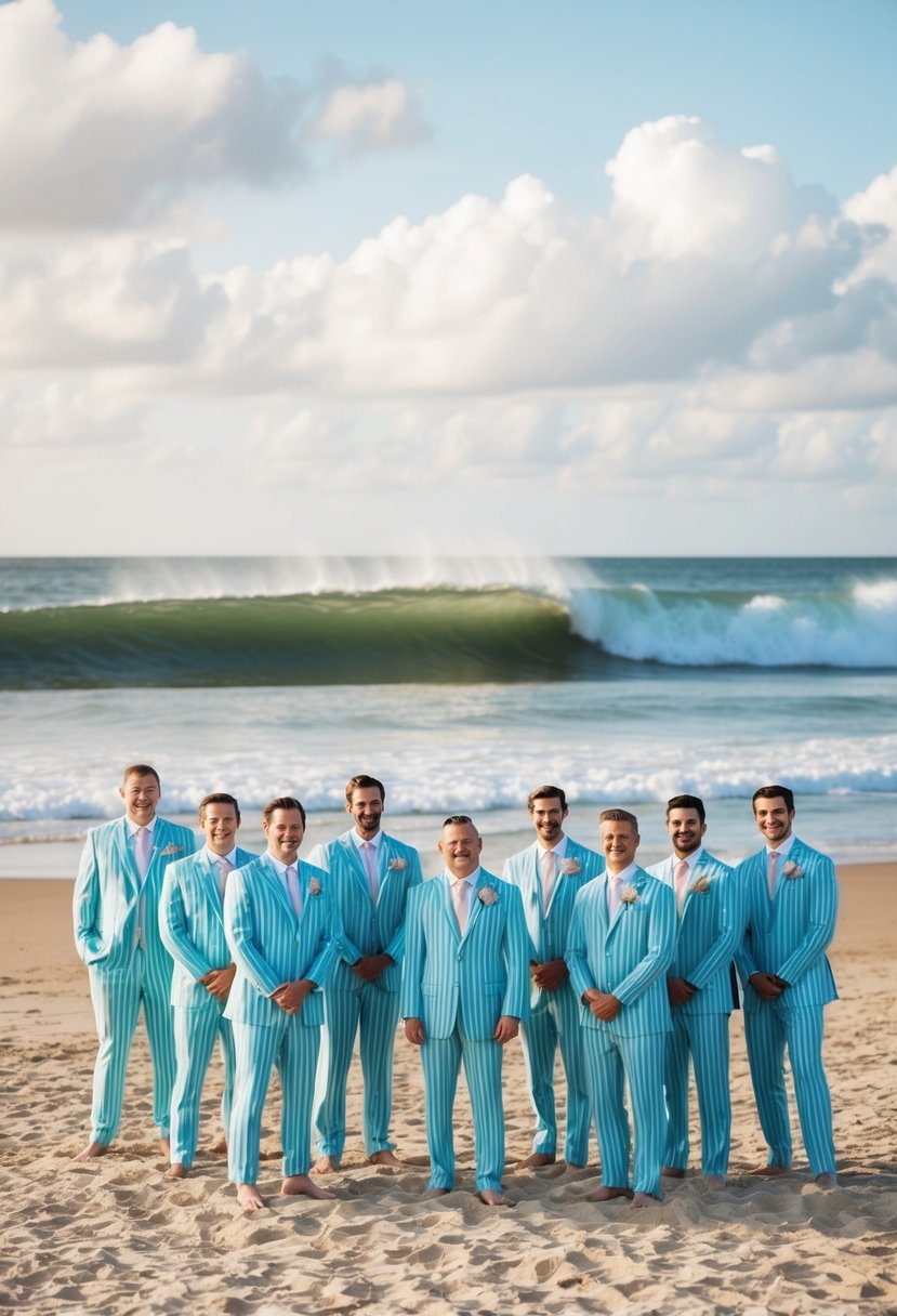 A group of seersucker suits arranged on a sandy beach with waves crashing in the background, capturing a textured style for a beach wedding