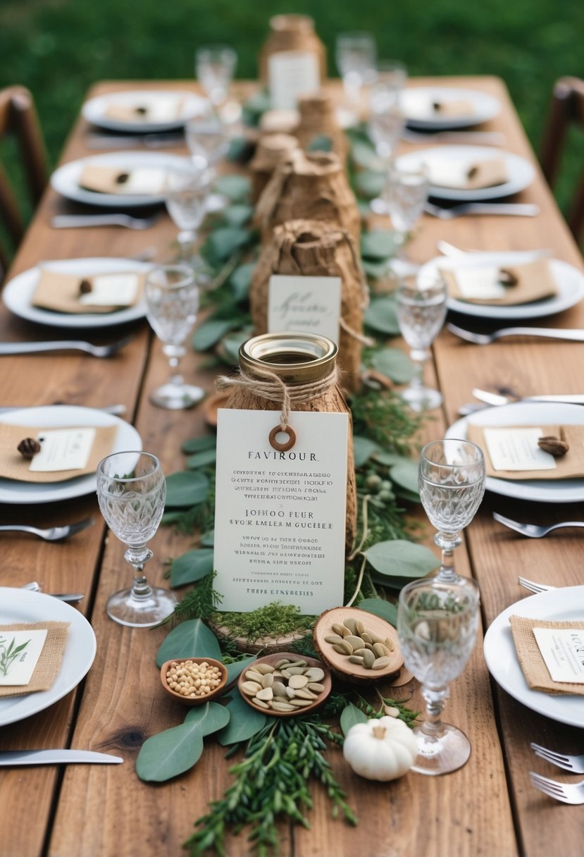 A rustic wooden table adorned with vintage boho wedding favors, featuring seeds and natural elements, inspired by Pinterest