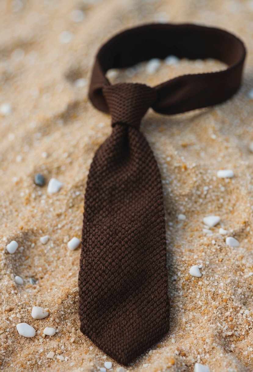 A dark brown knit tie draped over a sandy beach backdrop, adding a sophisticated touch to a wedding suit ensemble