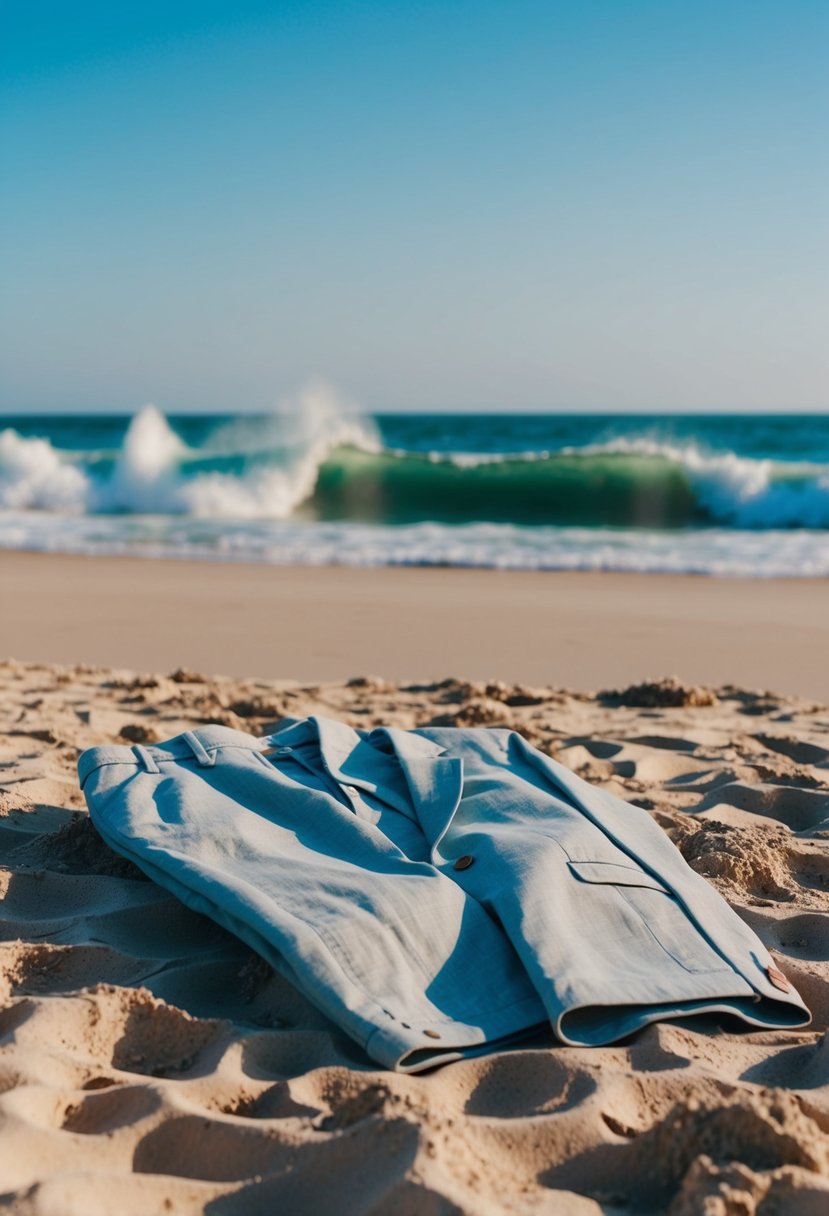 A pair of linen pants and a lightweight blazer laid out on a sandy beach with a backdrop of crashing waves and a clear blue sky