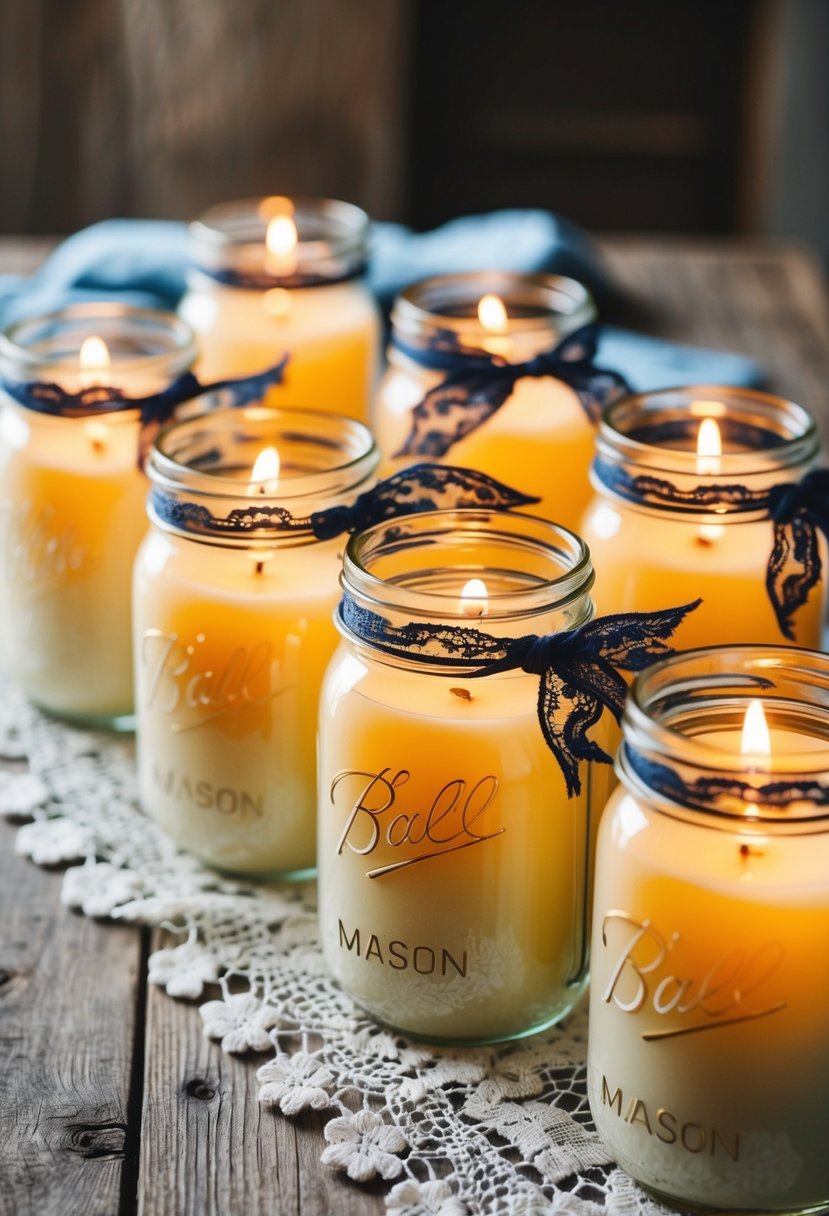 Mason jars filled with candles, adorned with lace and ribbon, arranged on a rustic wooden table