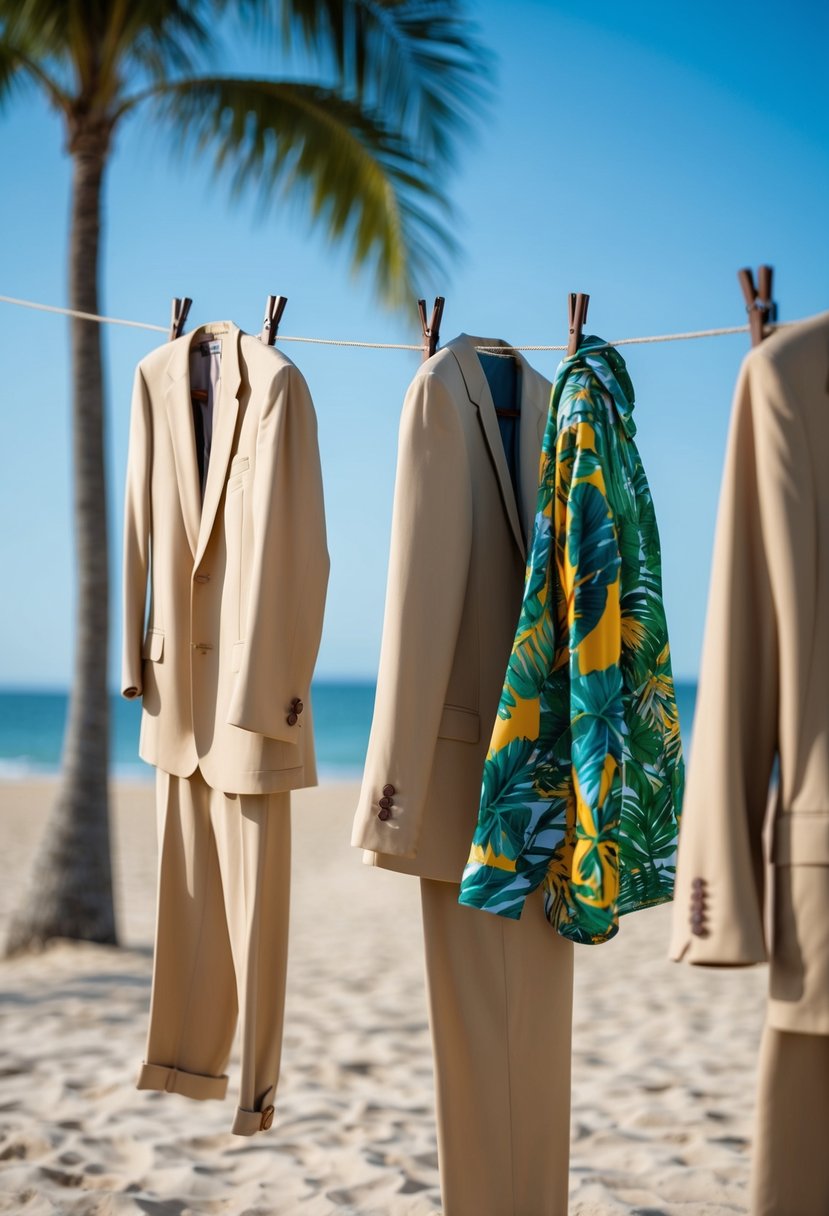 Beige suits with vibrant tropical print shirts hang on a clothesline against a backdrop of a sandy beach and palm trees