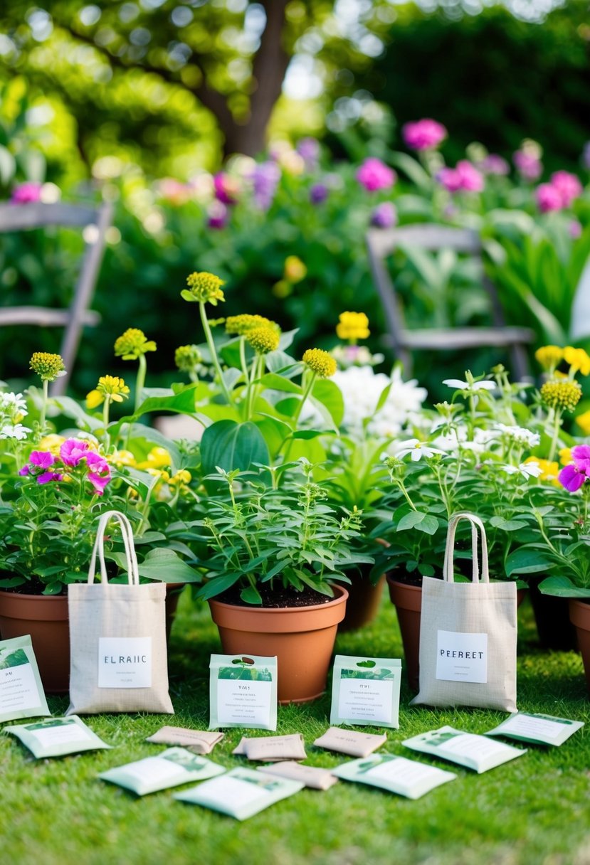 A lush green garden with blooming flowers, surrounded by eco-friendly wedding favors like potted plants, seed packets, and reusable cloth bags