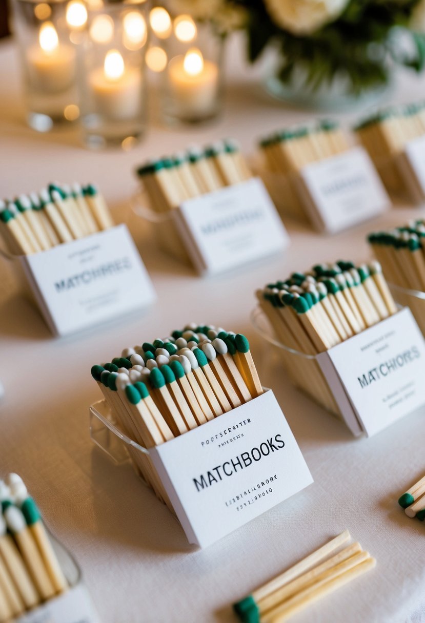 A table adorned with personalized matchbooks, neatly arranged as wedding favors