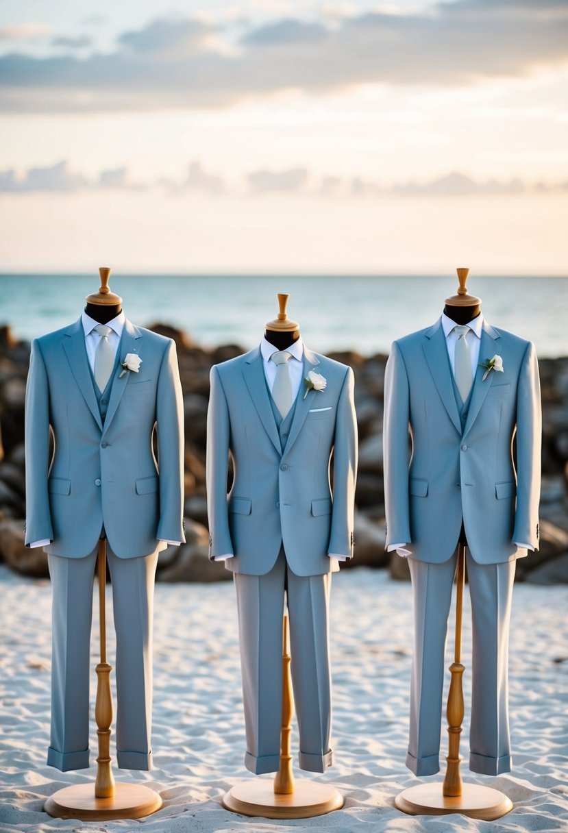 A serene beach setting with light grey suits on display, capturing understated elegance for a beach wedding