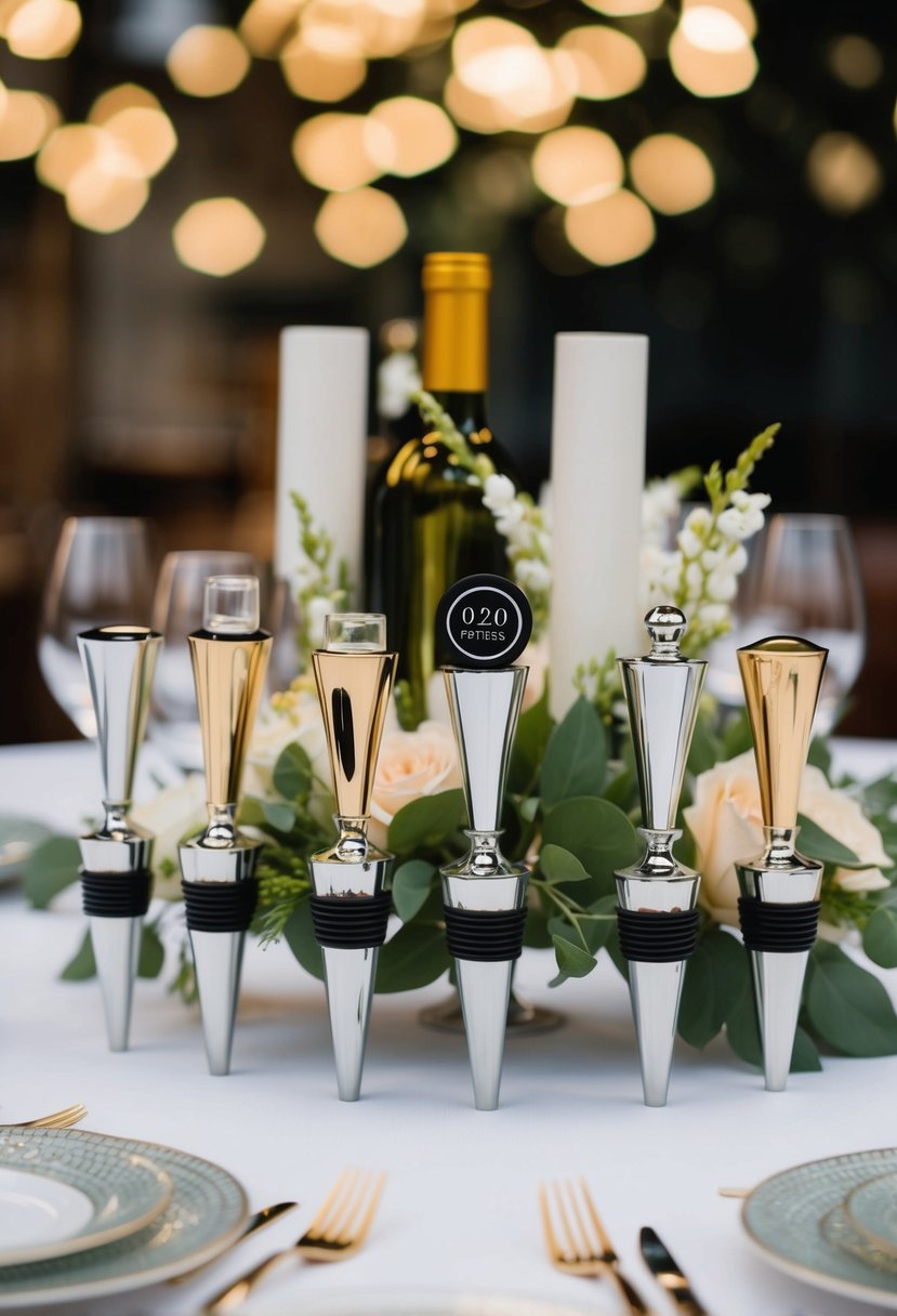 A table set with various custom wine stoppers, arranged in an elegant display with floral accents