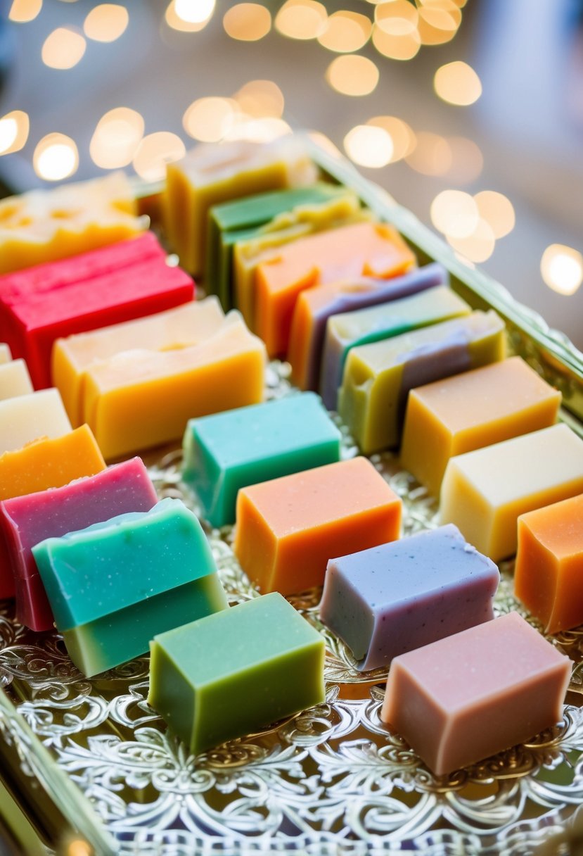 A collection of colorful handmade soap bars arranged in a decorative display for wedding favor ideas