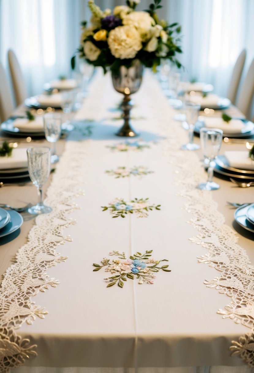 A long, white tablecloth adorned with delicate lace and floral embroidery, set against a backdrop of elegant place settings and sparkling glassware