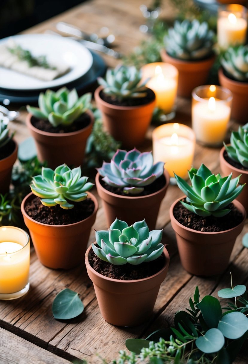 Succulent plant pots arranged as wedding favors on a rustic wooden table, surrounded by greenery and soft candlelight