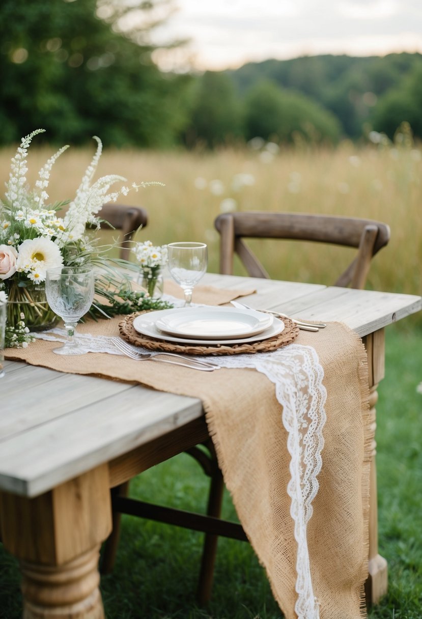 A rustic burlap tablecloth drapes over a wooden table, adorned with delicate lace and wildflowers, creating a charming and natural wedding setting