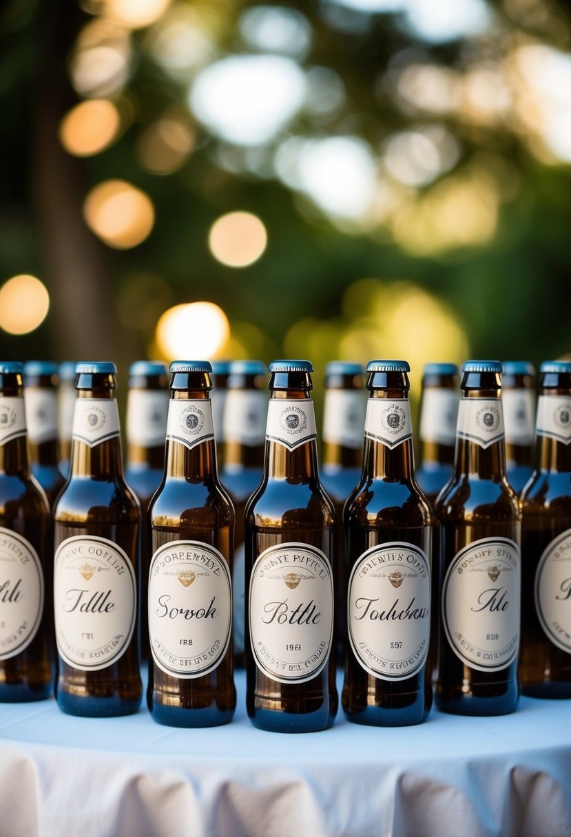 A table with personalized bottle openers arranged as wedding favors