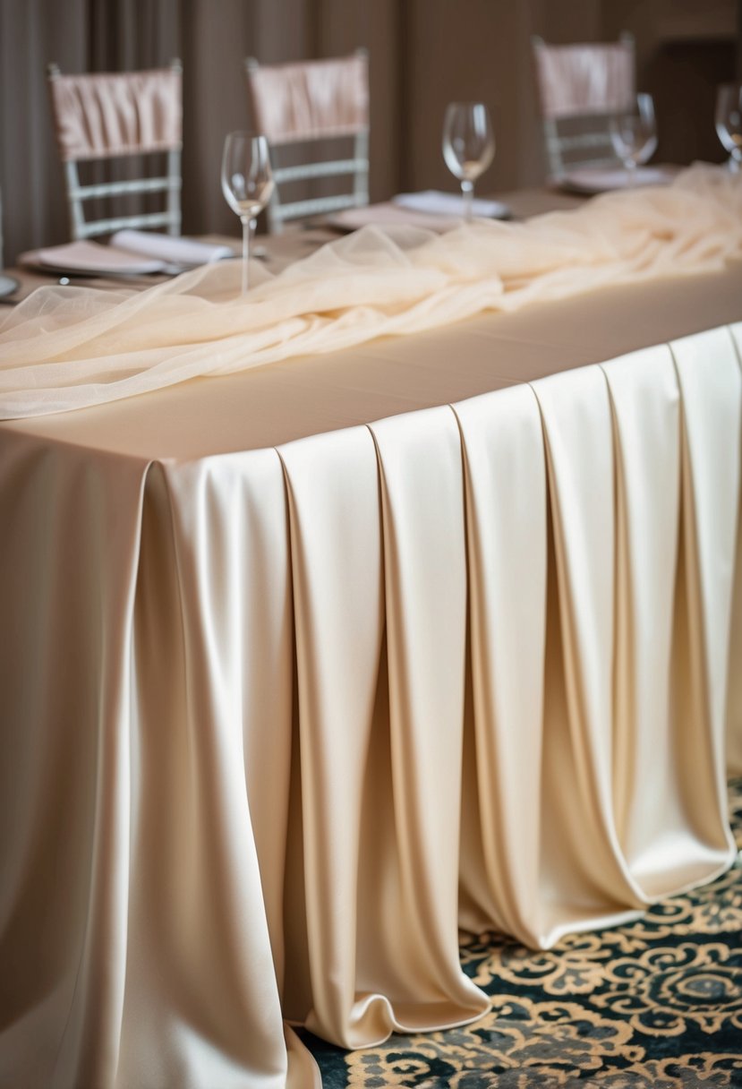 A long, rectangular table is draped with a rich, ivory satin tablecloth, overlaid with sheer, shimmering fabric in a soft, pastel hue