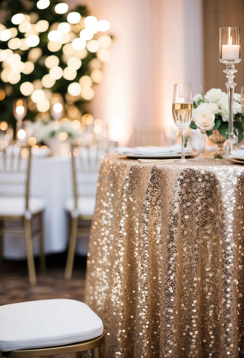 A sparkling table cloth adorned with sequins, set against a backdrop of elegant wedding decor