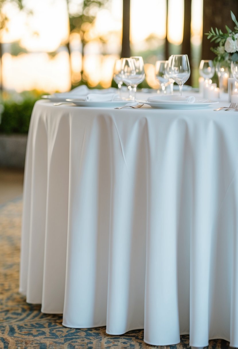 A white polyester tablecloth drapes over a wedding reception table, with elegant folds and a smooth, clean surface