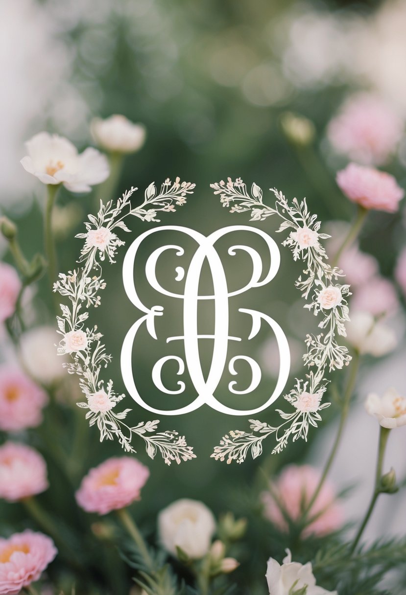 A pair of elegant intertwined initials surrounded by delicate floral elements, creating a romantic and timeless wedding monogram design