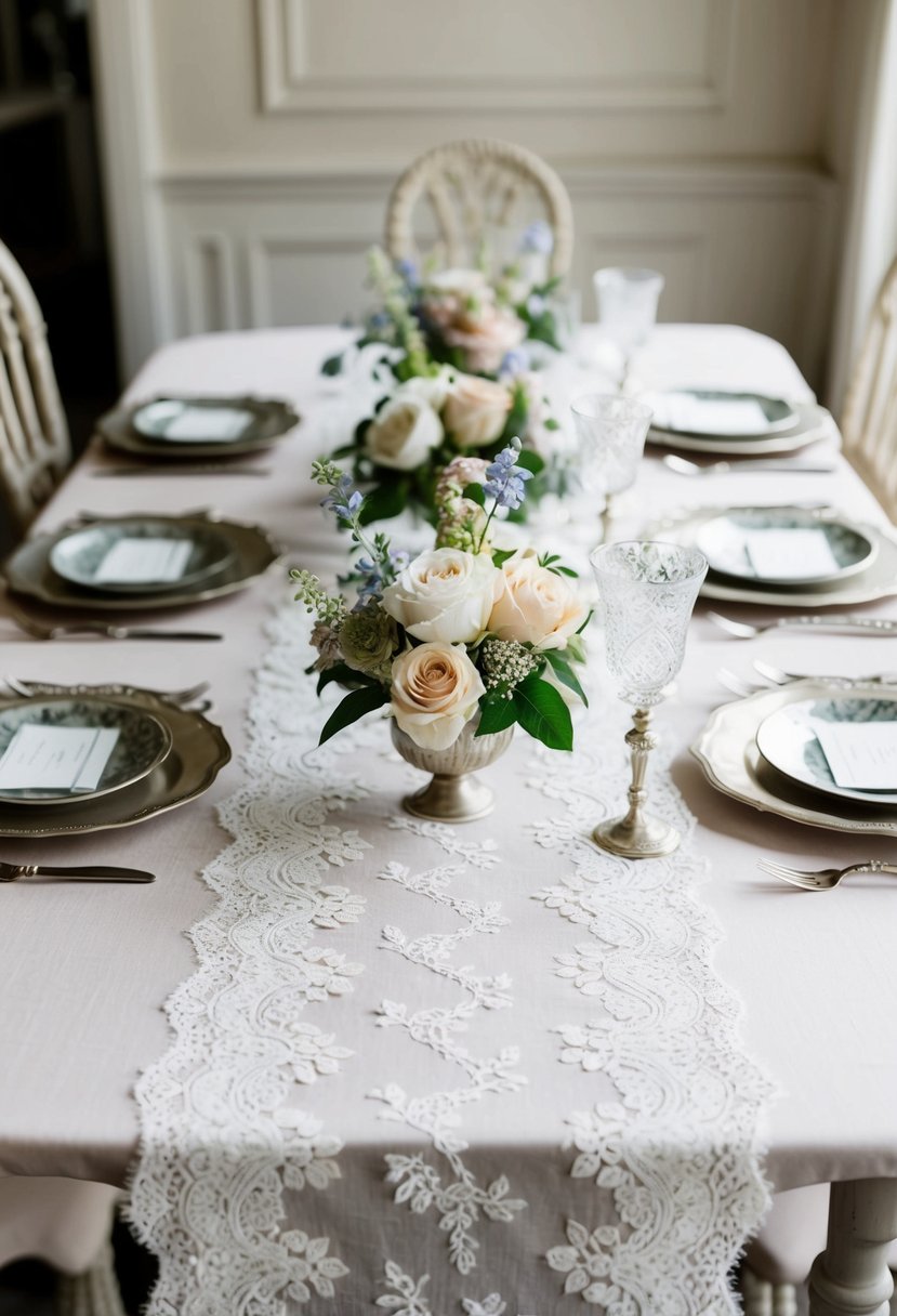 A table set with vintage lace runners, adorned with delicate floral centerpieces and antique silverware