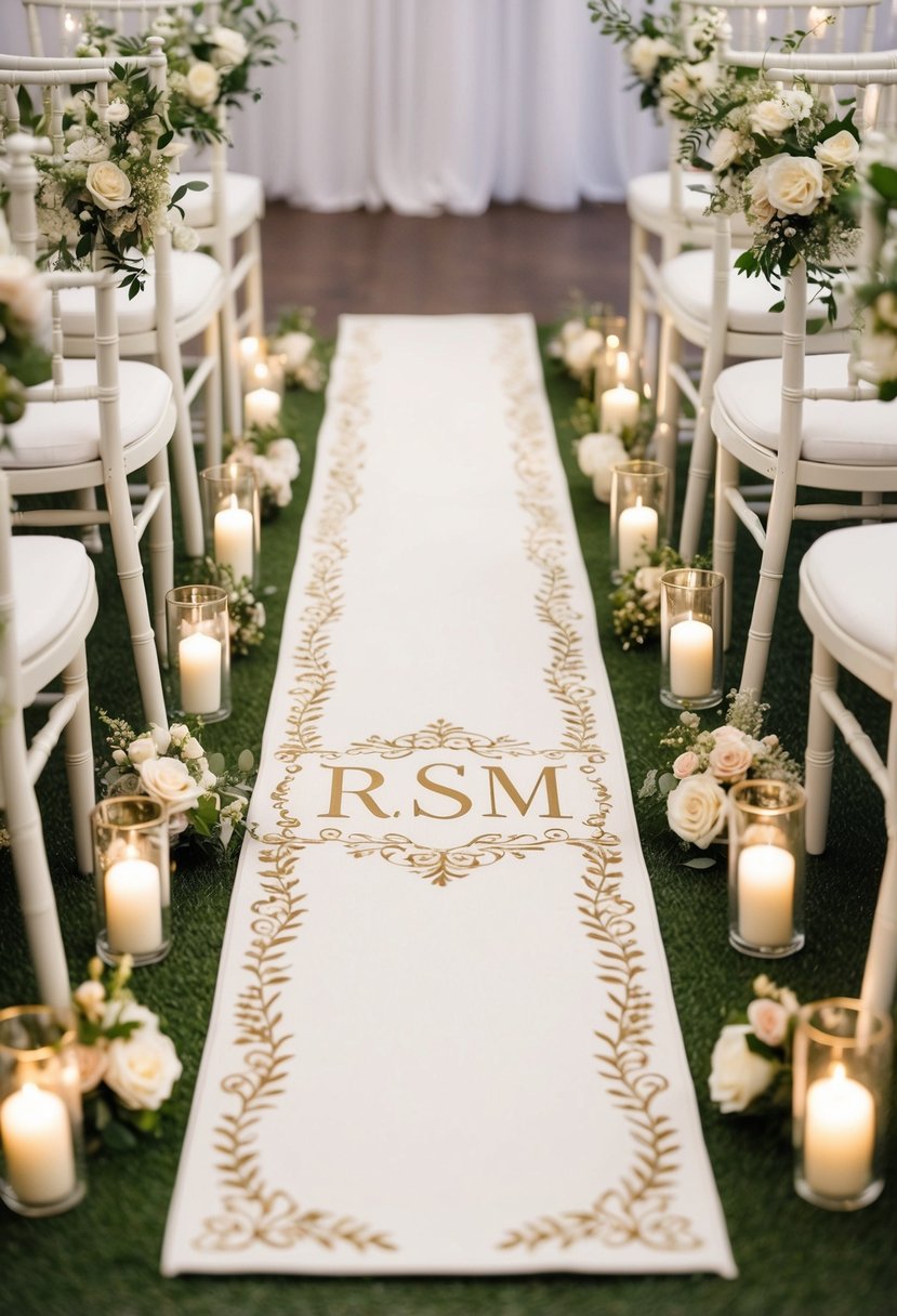 A beautiful aisle runner adorned with a custom wedding monogram, surrounded by delicate floral arrangements and soft lighting