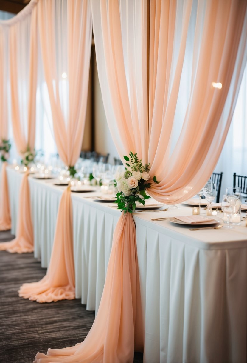 A long chiffon swag drapes elegantly over a wedding table, creating a soft and romantic atmosphere