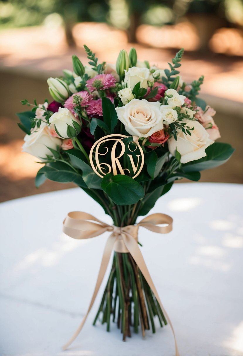 A bouquet of flowers tied with a ribbon featuring a monogram design