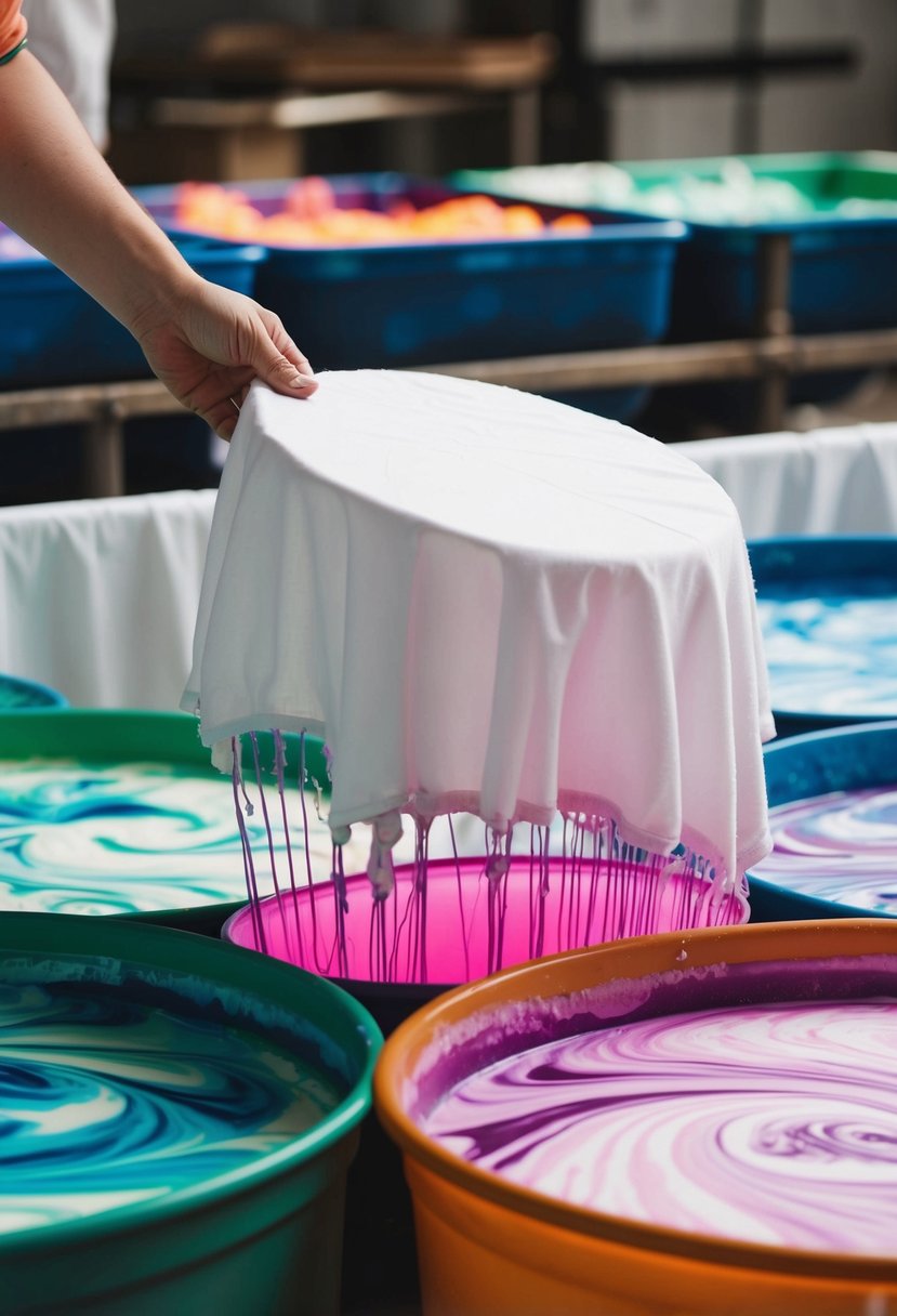 A large white cotton tablecloth being dipped into vats of colorful dye, creating swirling patterns and vibrant hues