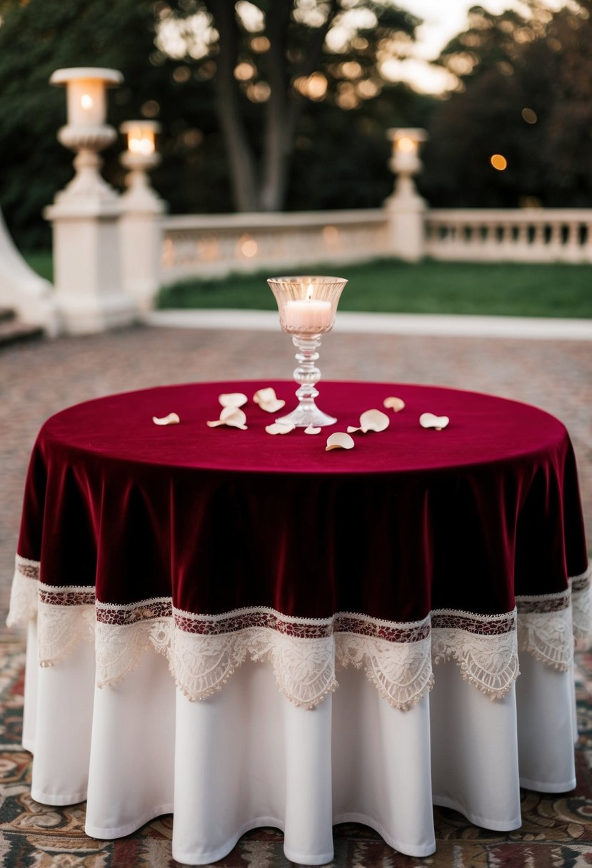 A round table with a deep red velvet tablecloth, adorned with delicate lace trim and a scattering of rose petals