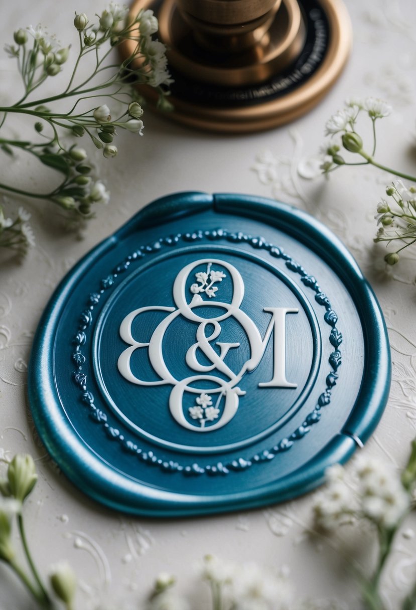 A bride and groom's initials intertwined within a decorative wax seal, surrounded by delicate floral elements and ornate details