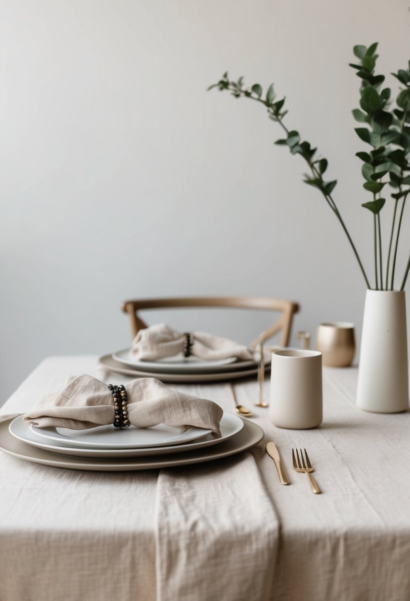 A simple, elegant table set with linen beige cloths, adorned with minimalistic decor