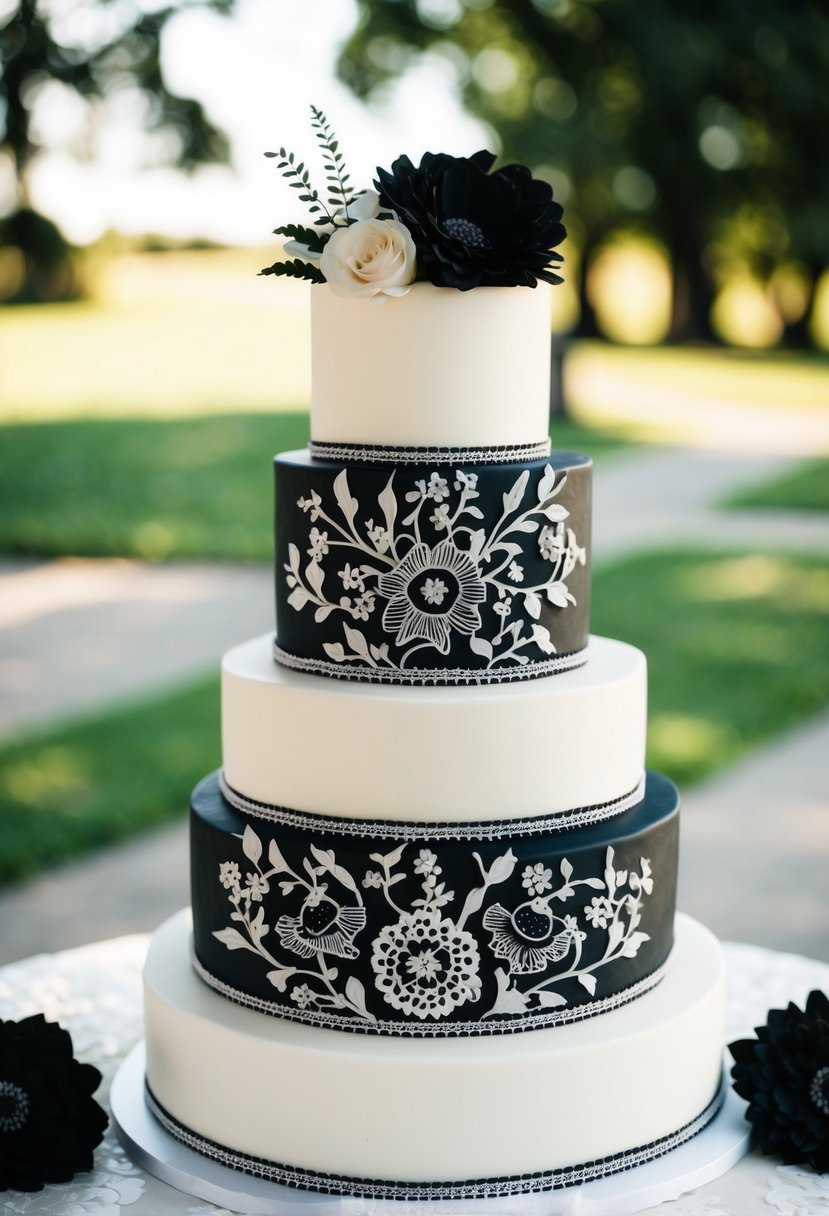 A tiered wedding cake with intricate black and white floral designs and elegant lace details