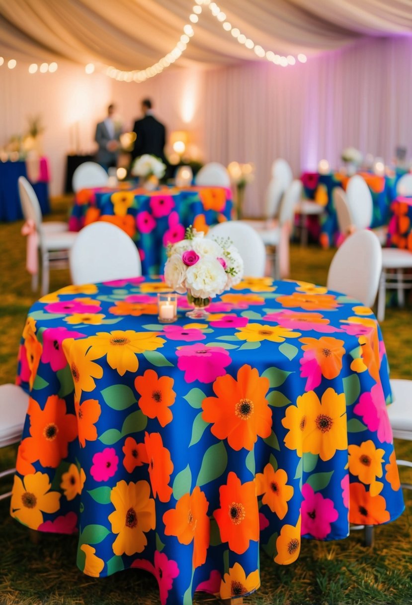 A vibrant, bold floral print tablecloth adorns a wedding reception table, creating a lively and romantic atmosphere