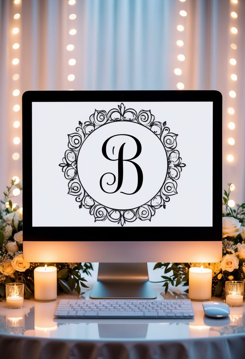 A digital wedding monogram displayed on a sleek, modern computer screen surrounded by elegant floral arrangements and soft candlelight