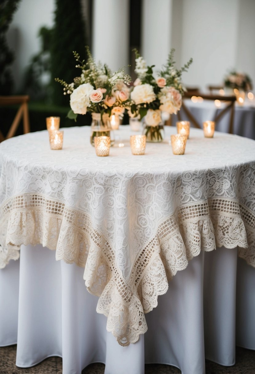 A white lace tablecloth with ruffled edges drapes elegantly over a round table, adorned with delicate floral centerpieces and sparkling tea lights