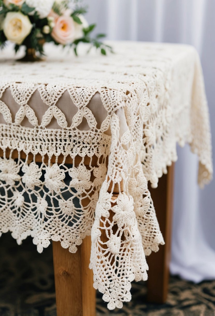 A delicate crochet tablecloth drapes over a wooden table, adorned with intricate floral patterns and delicate lace edges, adding a touch of handmade elegance to a wedding reception