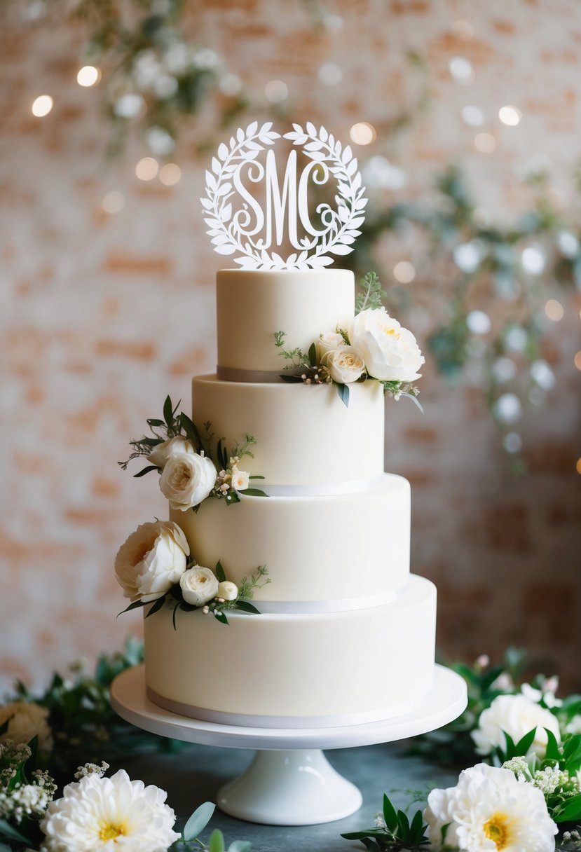 A tiered wedding cake adorned with a floral monogram cake topper, surrounded by delicate blooms and greenery