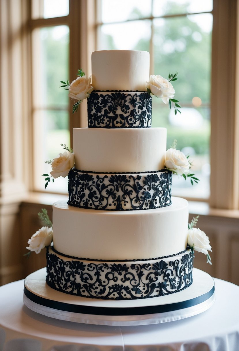 A three-tiered wedding cake with intricate black and white designs, adorned with elegant floral accents