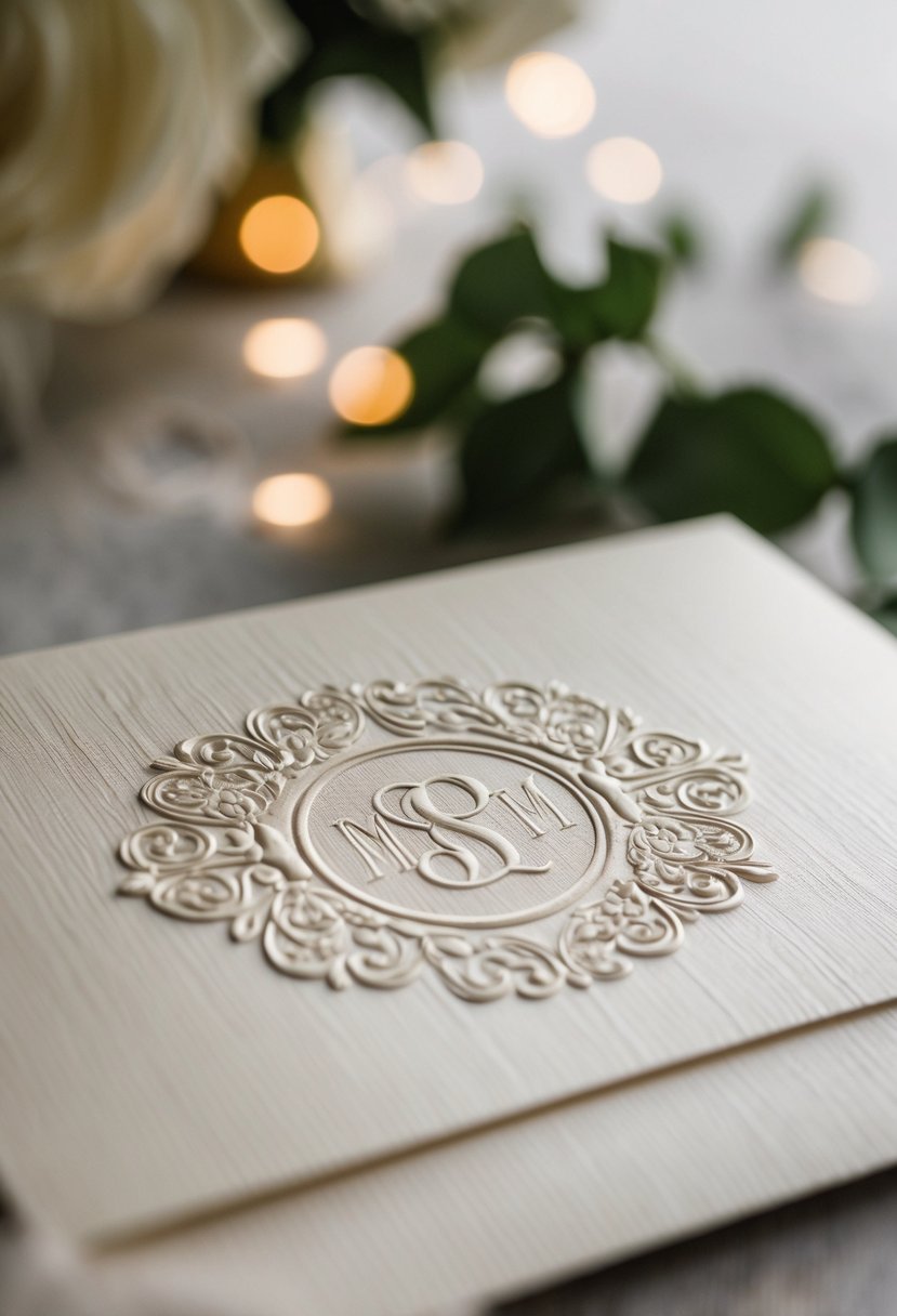 A close-up of a monogram embossed wedding invitation with intricate details and elegant design