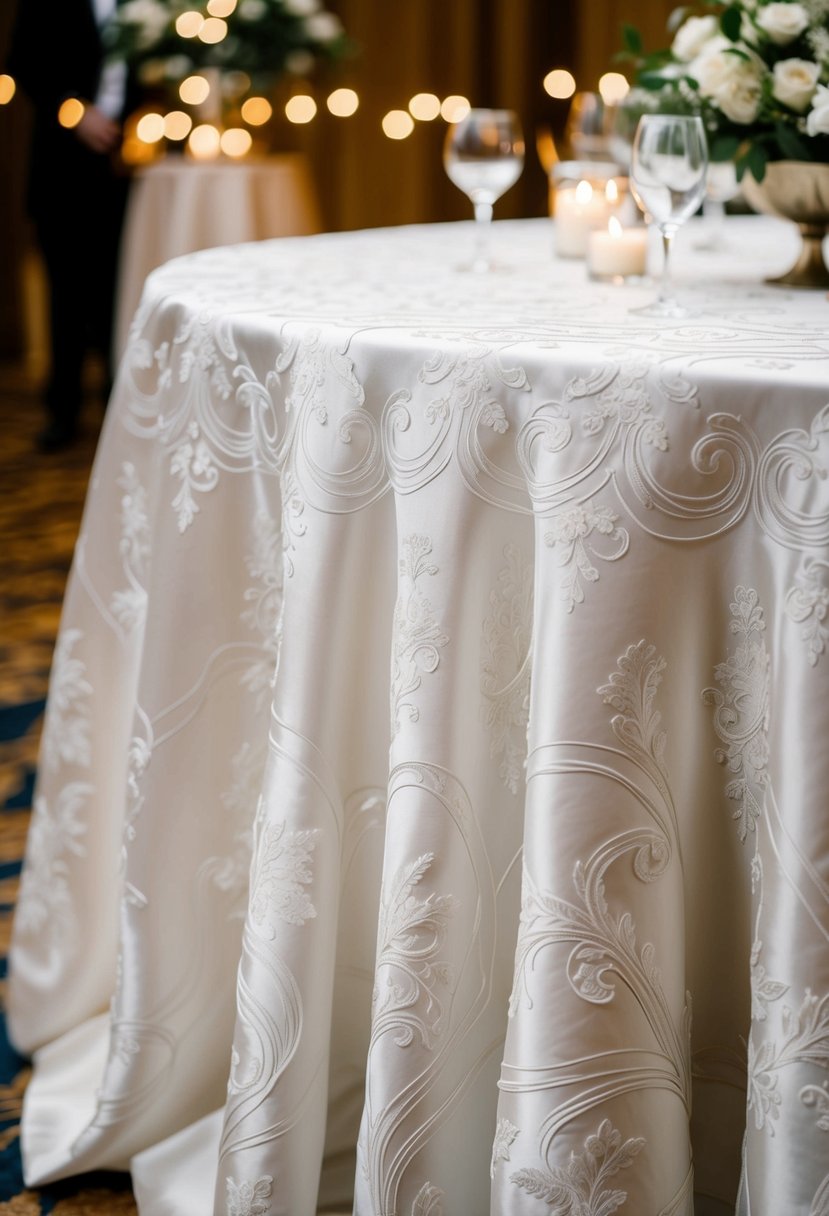 A white silk tablecloth with intricate embossed patterns, draped over a wedding reception table