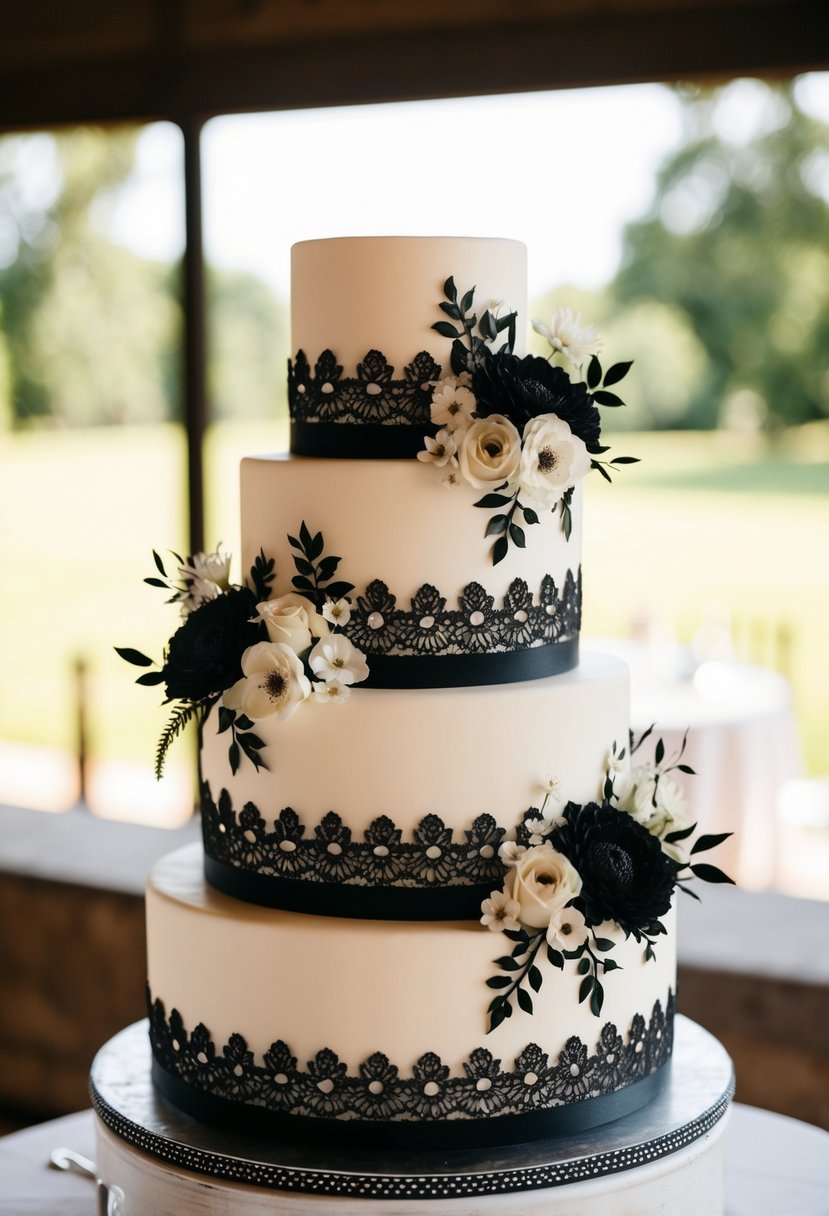 A three-tiered wedding cake adorned with vintage black lace and delicate black and white floral decorations