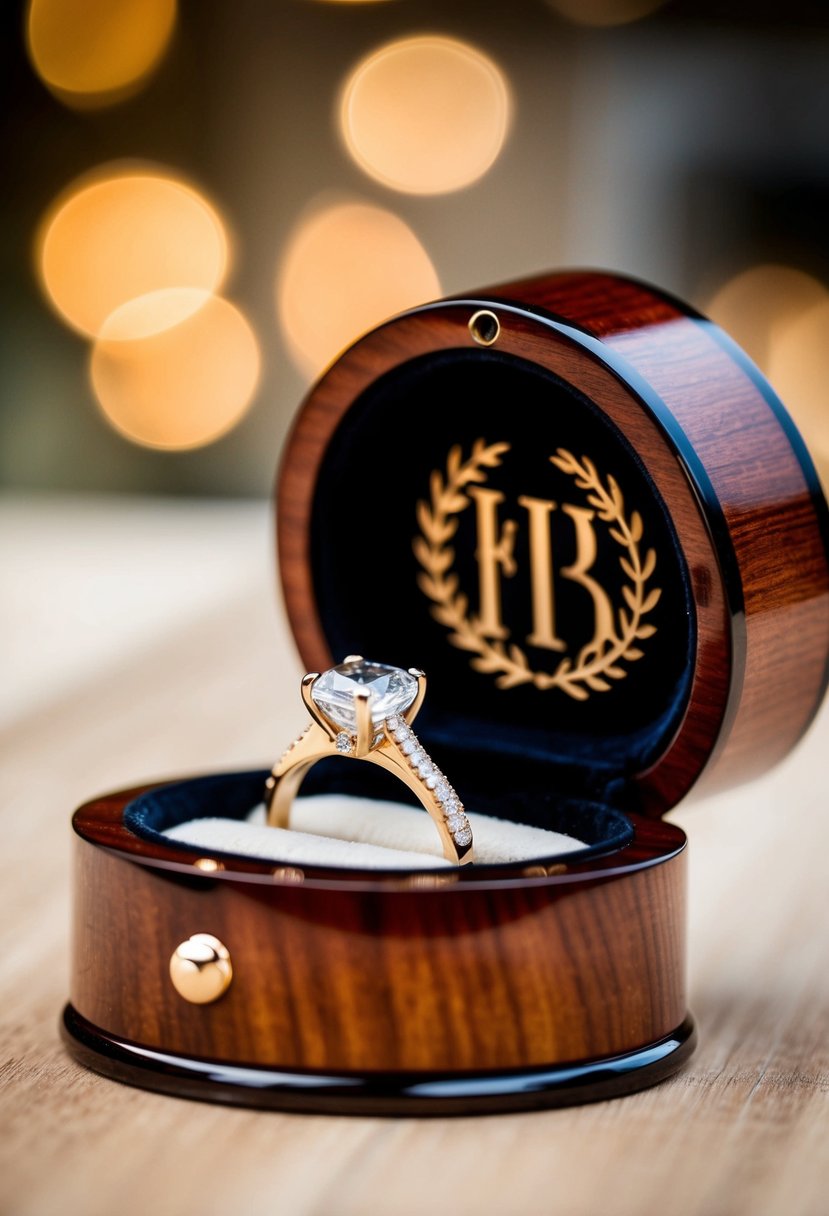 A polished wooden ring box with an engraved monogram design on the lid