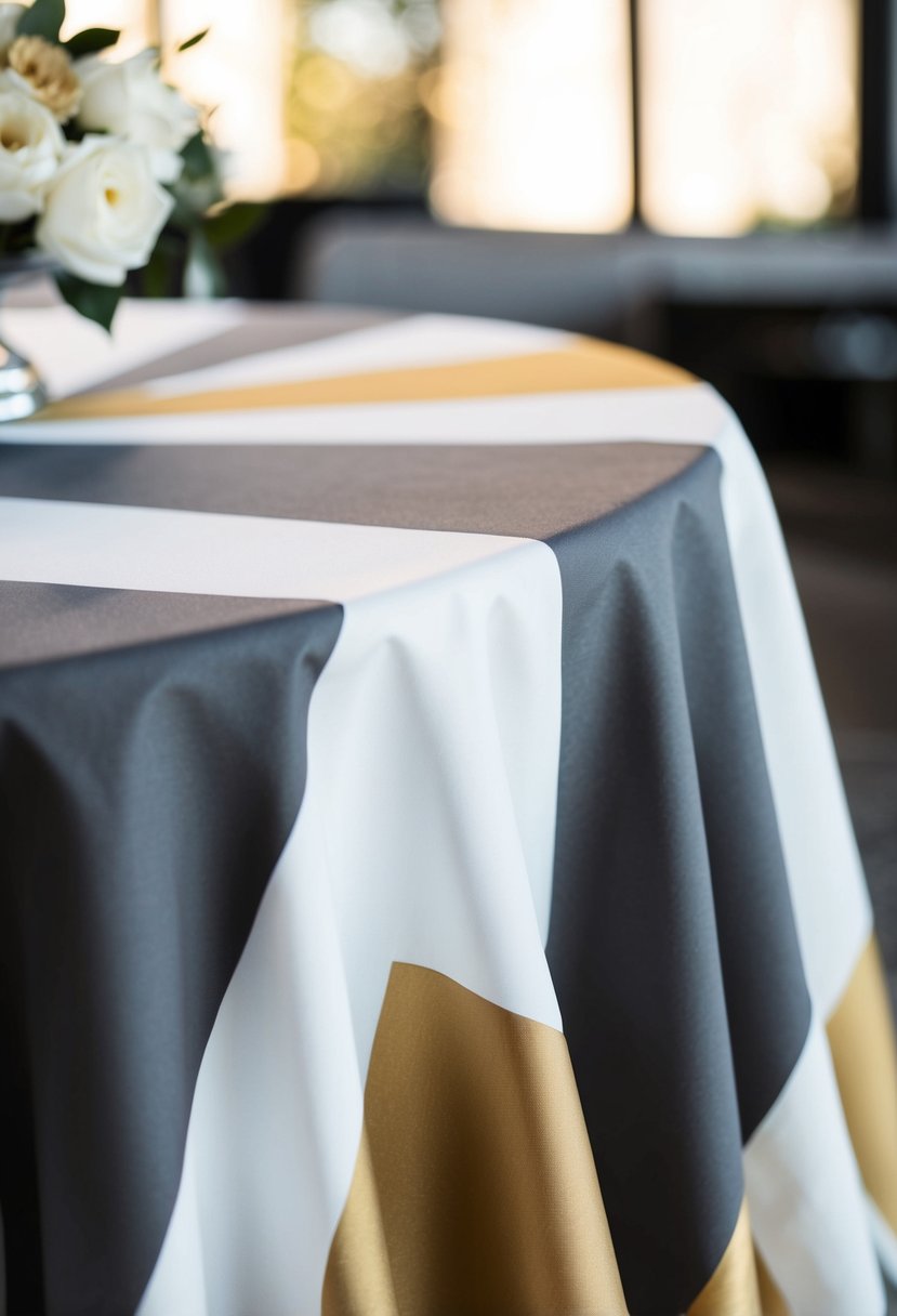 A sleek, white tablecloth adorned with bold, geometric patterns in shades of grey and gold