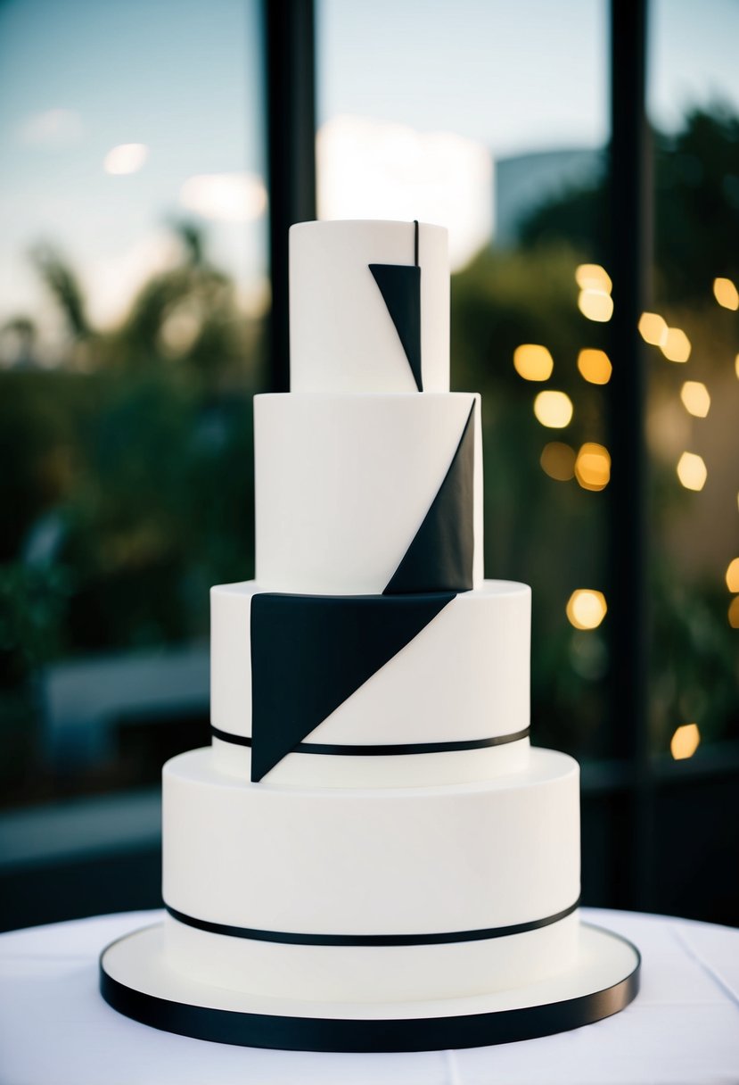 A sleek, tiered wedding cake with clean lines and geometric shapes, adorned with minimalistic black and white details