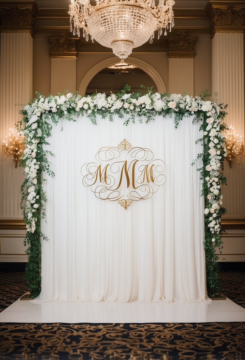 A grand backdrop featuring elegant monogram calligraphy for a wedding