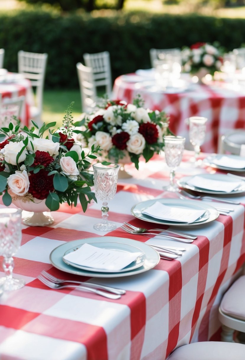 A white wedding table with a classic red checkered tablecloth, adorned with elegant floral centerpieces and silver cutlery