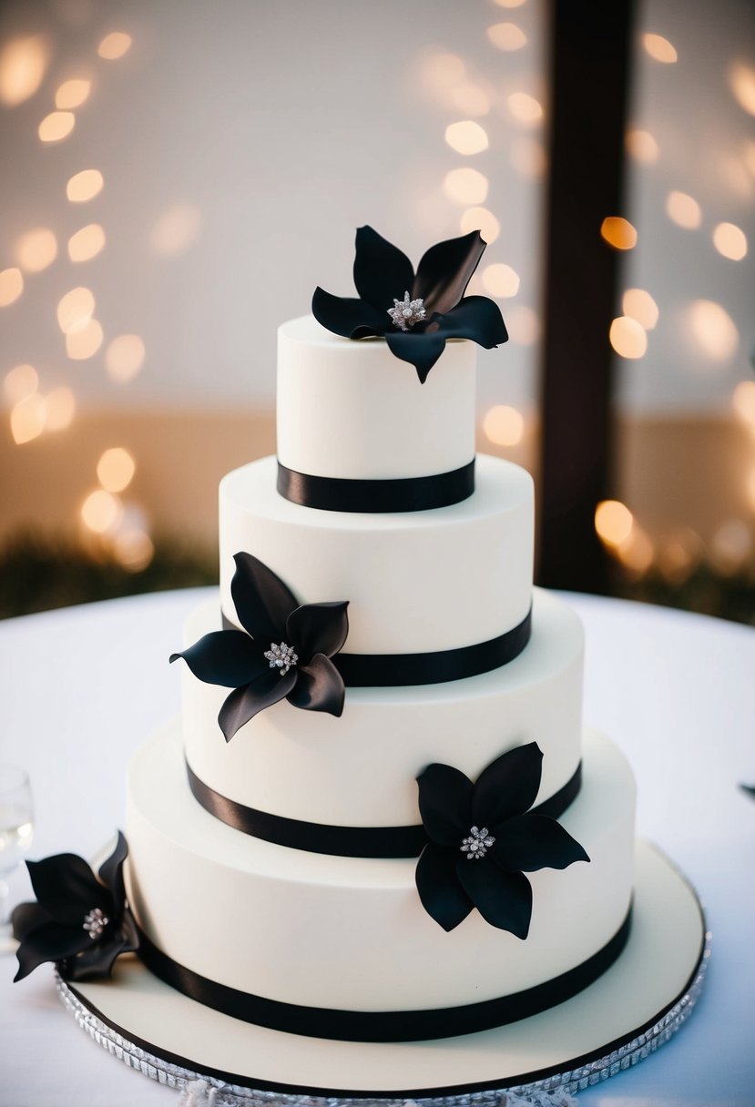 A three-tiered wedding cake with black floral accents on a white background