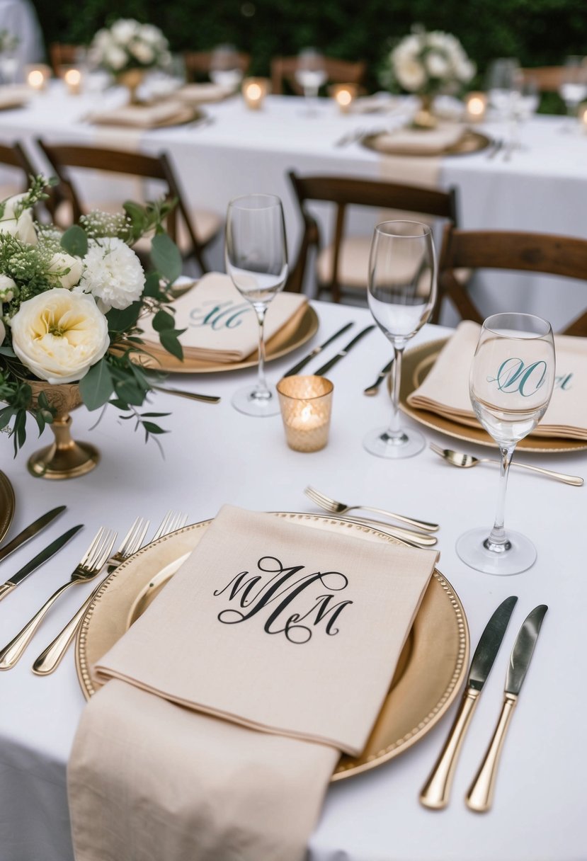 A table set with monogrammed napkins, displaying various wedding monogram ideas